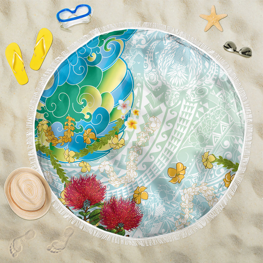 Japanese and Hawaiian Culture Fusion Beach Blanket Irezumi with Turtles and Lei Kakau Pattern Fresh Vibe LT03 One Size 150cm Multicolor - Polynesian Pride