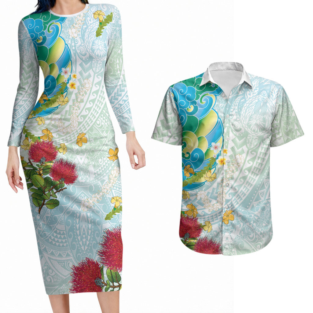 Japanese and Hawaiian Culture Fusion Couples Matching Long Sleeve Bodycon Dress and Hawaiian Shirt Irezumi with Turtles and Lei Kakau Pattern Fresh Vibe LT03 Multicolor - Polynesian Pride