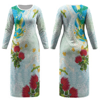 Japanese and Hawaiian Culture Fusion Couples Matching Long Sleeve Bodycon Dress and Hawaiian Shirt Irezumi with Turtles and Lei Kakau Pattern Fresh Vibe LT03 - Polynesian Pride