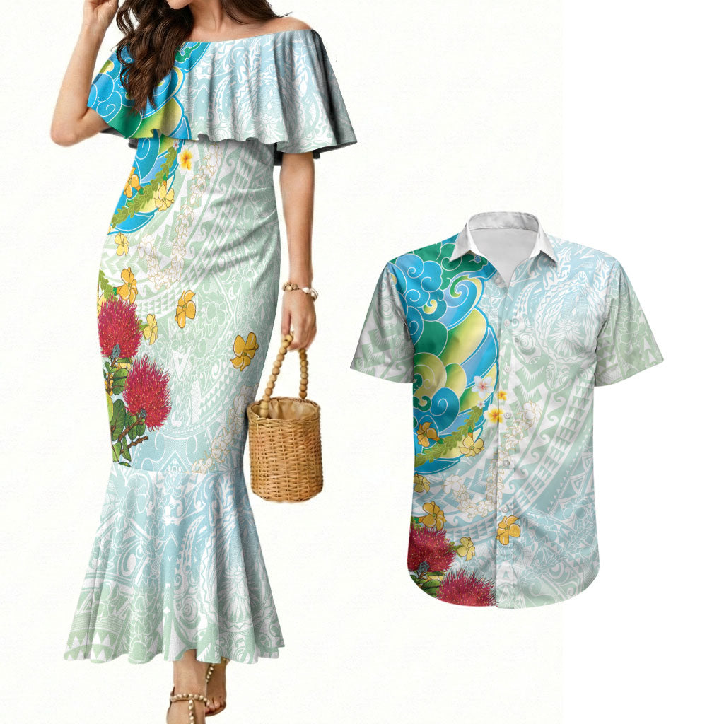 Japanese and Hawaiian Culture Fusion Couples Matching Mermaid Dress and Hawaiian Shirt Irezumi with Turtles and Lei Kakau Pattern Fresh Vibe LT03 Multicolor - Polynesian Pride