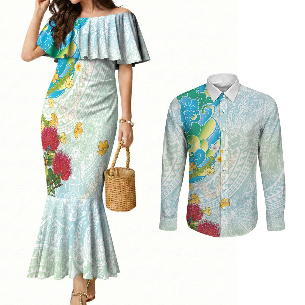 Japanese and Hawaiian Culture Fusion Couples Matching Mermaid Dress and Long Sleeve Button Shirt Irezumi with Turtles and Lei Kakau Pattern Fresh Vibe LT03 Multicolor - Polynesian Pride