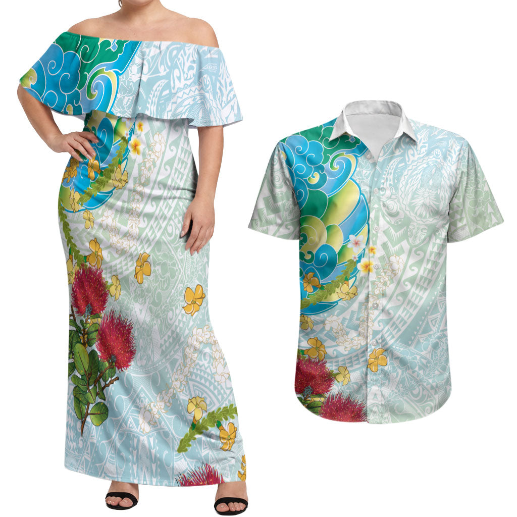 Japanese and Hawaiian Culture Fusion Couples Matching Off Shoulder Maxi Dress and Hawaiian Shirt Irezumi with Turtles and Lei Kakau Pattern Fresh Vibe LT03 Multicolor - Polynesian Pride
