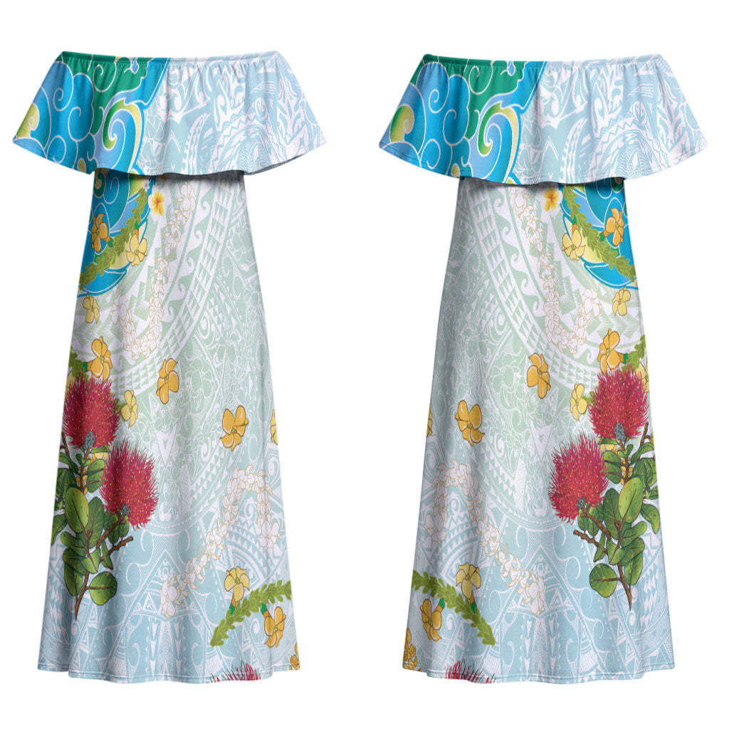 Japanese and Hawaiian Culture Fusion Couples Matching Off Shoulder Maxi Dress and Hawaiian Shirt Irezumi with Turtles and Lei Kakau Pattern Fresh Vibe LT03 - Polynesian Pride