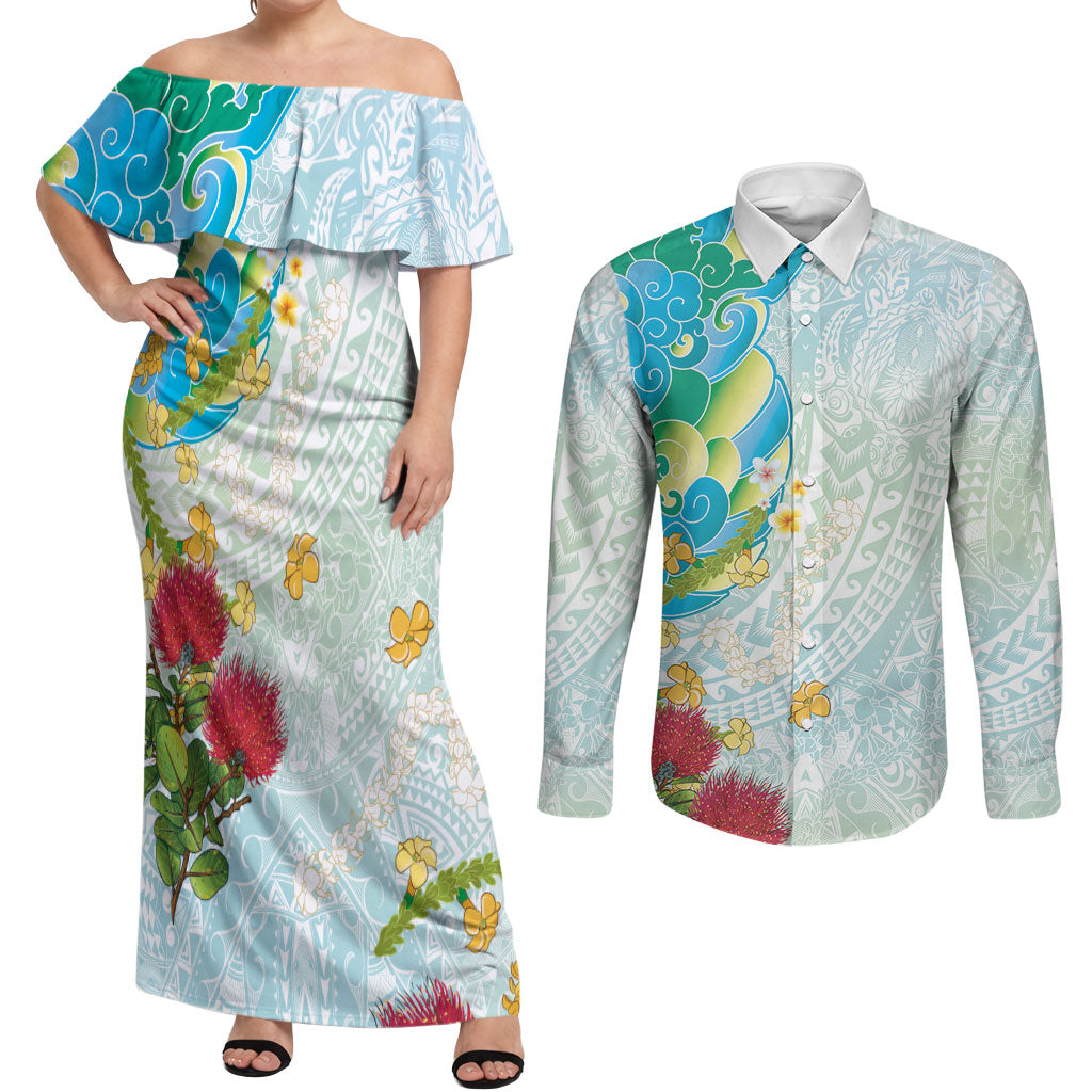 Japanese and Hawaiian Culture Fusion Couples Matching Off Shoulder Maxi Dress and Long Sleeve Button Shirt Irezumi with Turtles and Lei Kakau Pattern Fresh Vibe LT03 Multicolor - Polynesian Pride