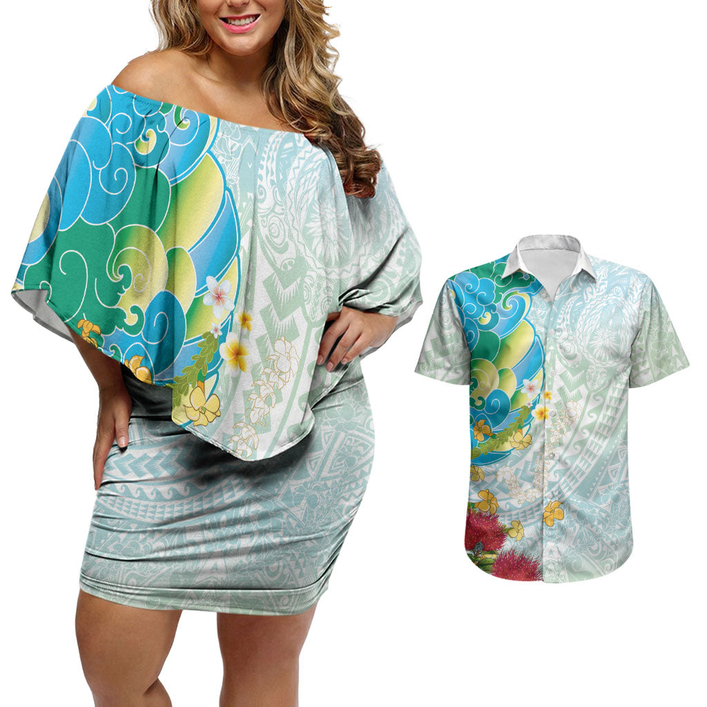 Japanese and Hawaiian Culture Fusion Couples Matching Off Shoulder Short Dress and Hawaiian Shirt Irezumi with Turtles and Lei Kakau Pattern Fresh Vibe LT03 Multicolor - Polynesian Pride