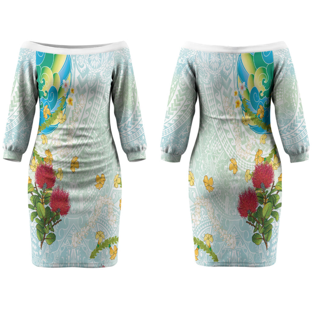 Japanese and Hawaiian Culture Fusion Couples Matching Off The Shoulder Long Sleeve Dress and Long Sleeve Button Shirt Irezumi with Turtles and Lei Kakau Pattern Fresh Vibe LT03 - Polynesian Pride