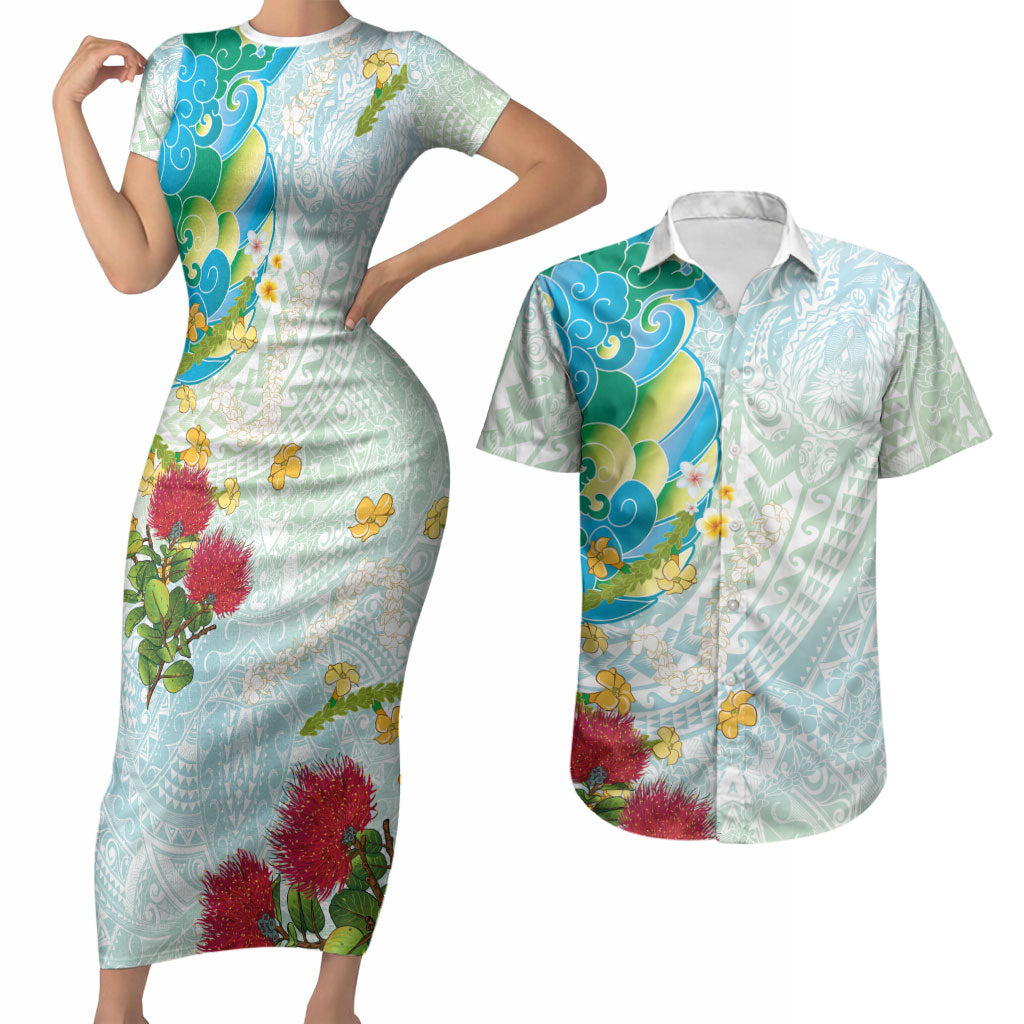 Japanese and Hawaiian Culture Fusion Couples Matching Short Sleeve Bodycon Dress and Hawaiian Shirt Irezumi with Turtles and Lei Kakau Pattern Fresh Vibe LT03 Multicolor - Polynesian Pride
