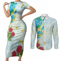 Japanese and Hawaiian Culture Fusion Couples Matching Short Sleeve Bodycon Dress and Long Sleeve Button Shirt Irezumi with Turtles and Lei Kakau Pattern Fresh Vibe LT03 Multicolor - Polynesian Pride