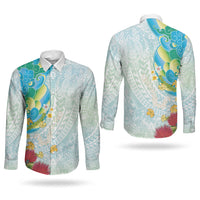 Japanese and Hawaiian Culture Fusion Couples Matching Short Sleeve Bodycon Dress and Long Sleeve Button Shirt Irezumi with Turtles and Lei Kakau Pattern Fresh Vibe LT03 - Polynesian Pride