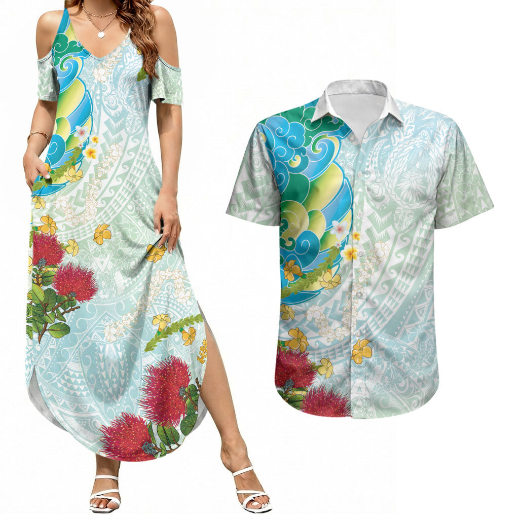 Japanese and Hawaiian Culture Fusion Couples Matching Summer Maxi Dress and Hawaiian Shirt Irezumi with Turtles and Lei Kakau Pattern Fresh Vibe LT03 Multicolor - Polynesian Pride