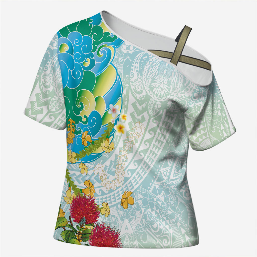 Japanese and Hawaiian Culture Fusion Cross Shoulder Shirt Irezumi with Turtles and Lei Kakau Pattern Fresh Vibe LT03 Female Multicolor - Polynesian Pride