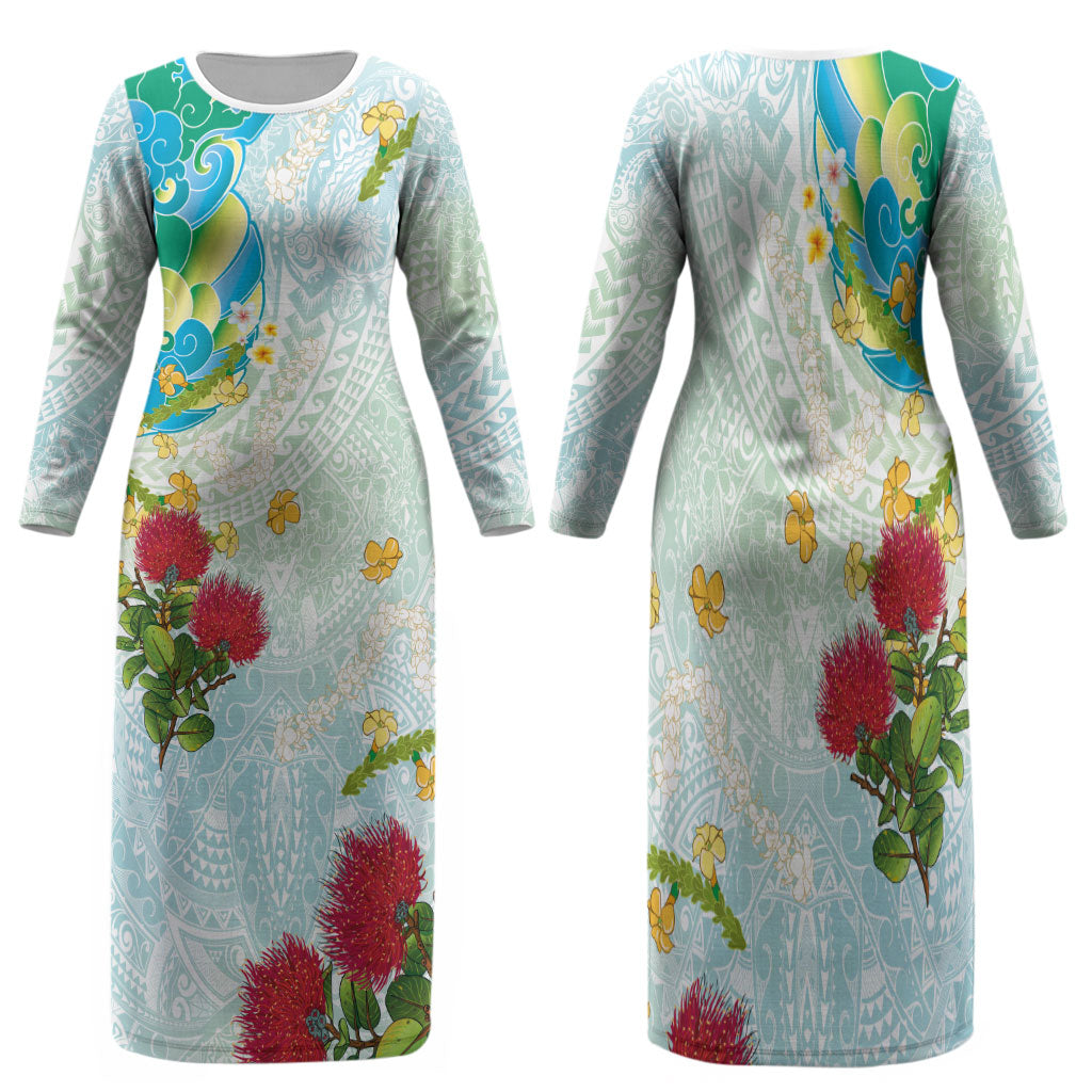 Japanese and Hawaiian Culture Fusion Family Matching Long Sleeve Bodycon Dress and Hawaiian Shirt Irezumi with Turtles and Lei Kakau Pattern Fresh Vibe LT03 Mom's Dress Multicolor - Polynesian Pride