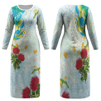 Japanese and Hawaiian Culture Fusion Family Matching Long Sleeve Bodycon Dress and Hawaiian Shirt Irezumi with Turtles and Lei Kakau Pattern Fresh Vibe LT03 Mom's Dress Multicolor - Polynesian Pride