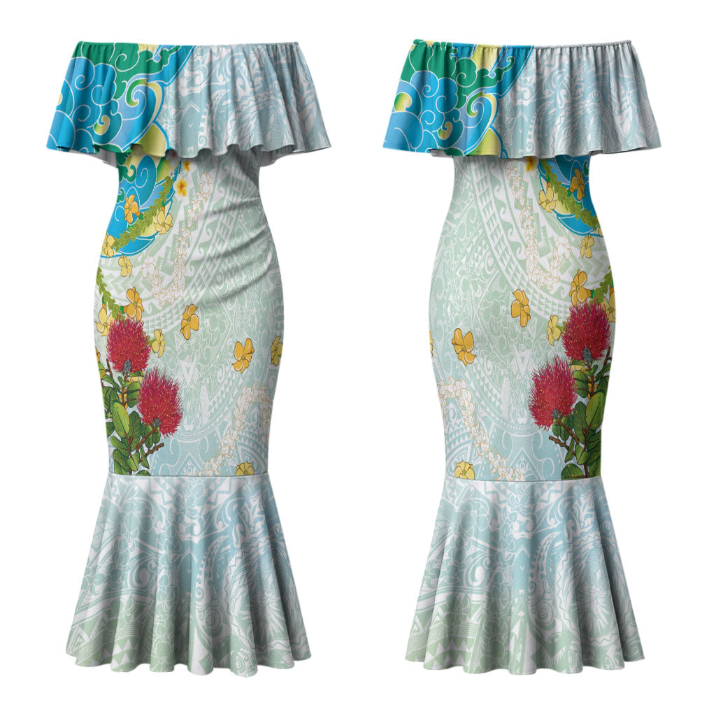 Japanese and Hawaiian Culture Fusion Family Matching Mermaid Dress and Hawaiian Shirt Irezumi with Turtles and Lei Kakau Pattern Fresh Vibe LT03 Mom's Dress Multicolor - Polynesian Pride