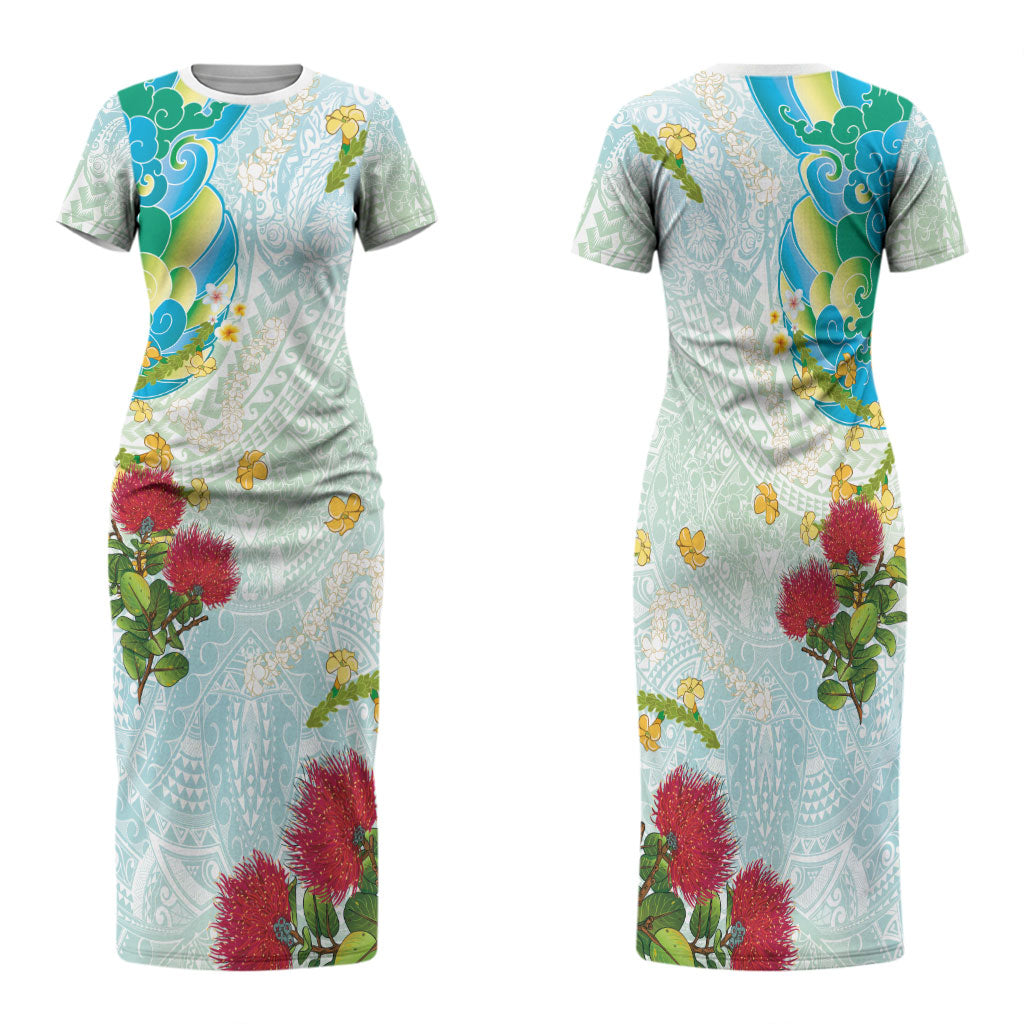 Japanese and Hawaiian Culture Fusion Family Matching Short Sleeve Bodycon Dress and Hawaiian Shirt Irezumi with Turtles and Lei Kakau Pattern Fresh Vibe LT03 Mom's Dress Multicolor - Polynesian Pride