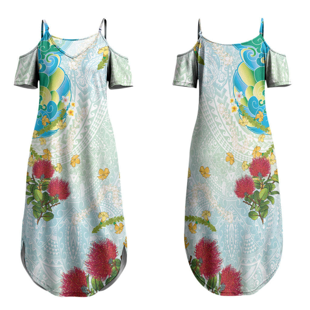Japanese and Hawaiian Culture Fusion Family Matching Summer Maxi Dress and Hawaiian Shirt Irezumi with Turtles and Lei Kakau Pattern Fresh Vibe LT03 Mom's Dress Multicolor - Polynesian Pride