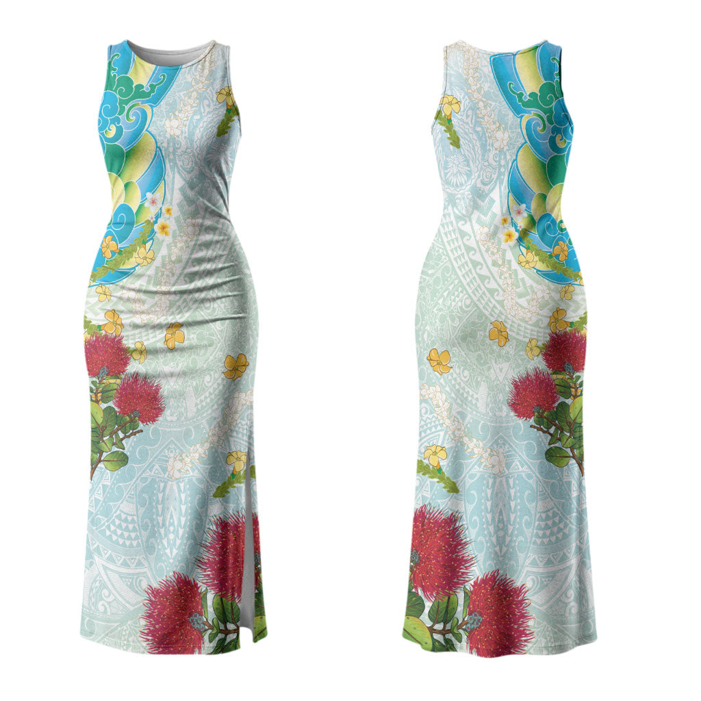 Japanese and Hawaiian Culture Fusion Family Matching Tank Maxi Dress and Hawaiian Shirt Irezumi with Turtles and Lei Kakau Pattern Fresh Vibe LT03 Mom's Dress Multicolor - Polynesian Pride