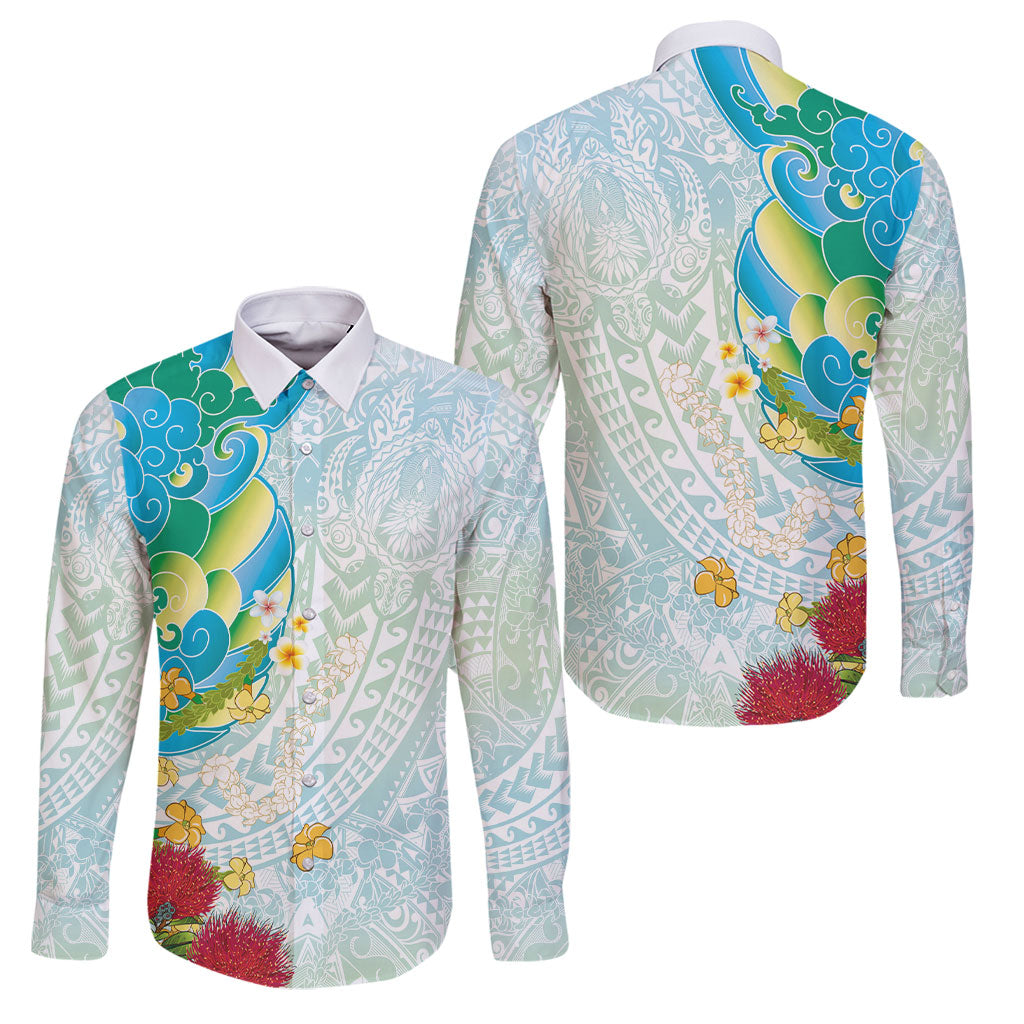 Japanese and Hawaiian Culture Fusion Family Matching Tank Maxi Dress and Hawaiian Shirt Irezumi with Turtles and Lei Kakau Pattern Fresh Vibe LT03 Dad's Shirt - Long Sleeve Multicolor - Polynesian Pride