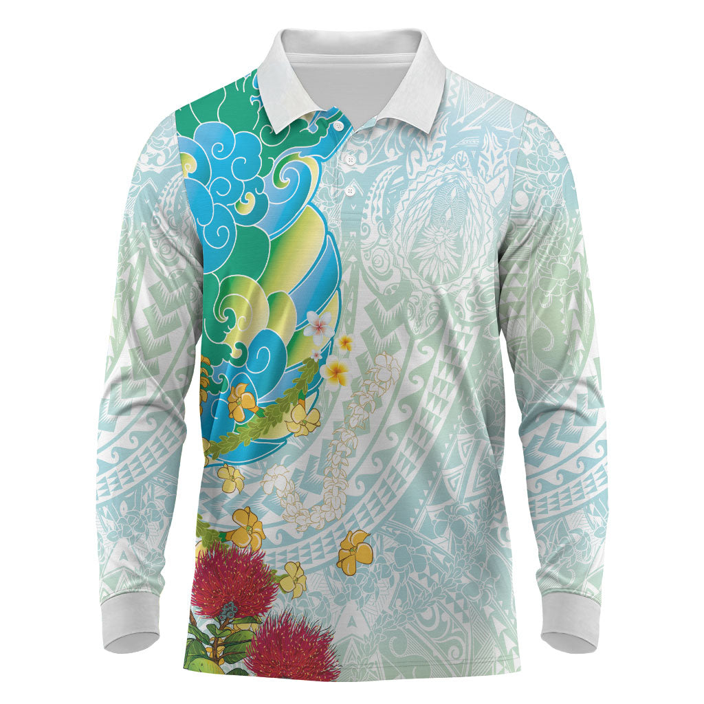 Japanese and Hawaiian Culture Fusion Long Sleeve Polo Shirt Irezumi with Turtles and Lei Kakau Pattern Fresh Vibe LT03 Multicolor - Polynesian Pride