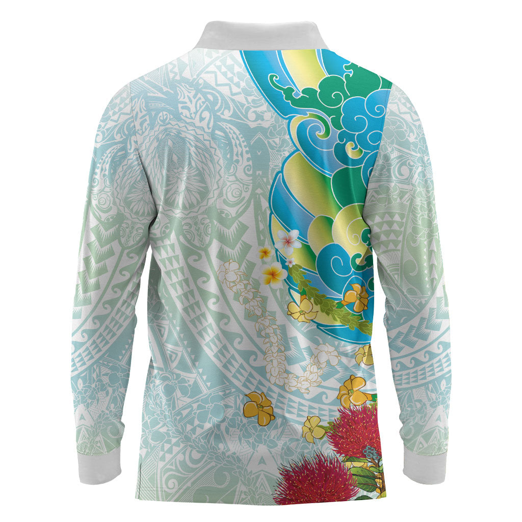 Japanese and Hawaiian Culture Fusion Long Sleeve Polo Shirt Irezumi with Turtles and Lei Kakau Pattern Fresh Vibe LT03 - Polynesian Pride