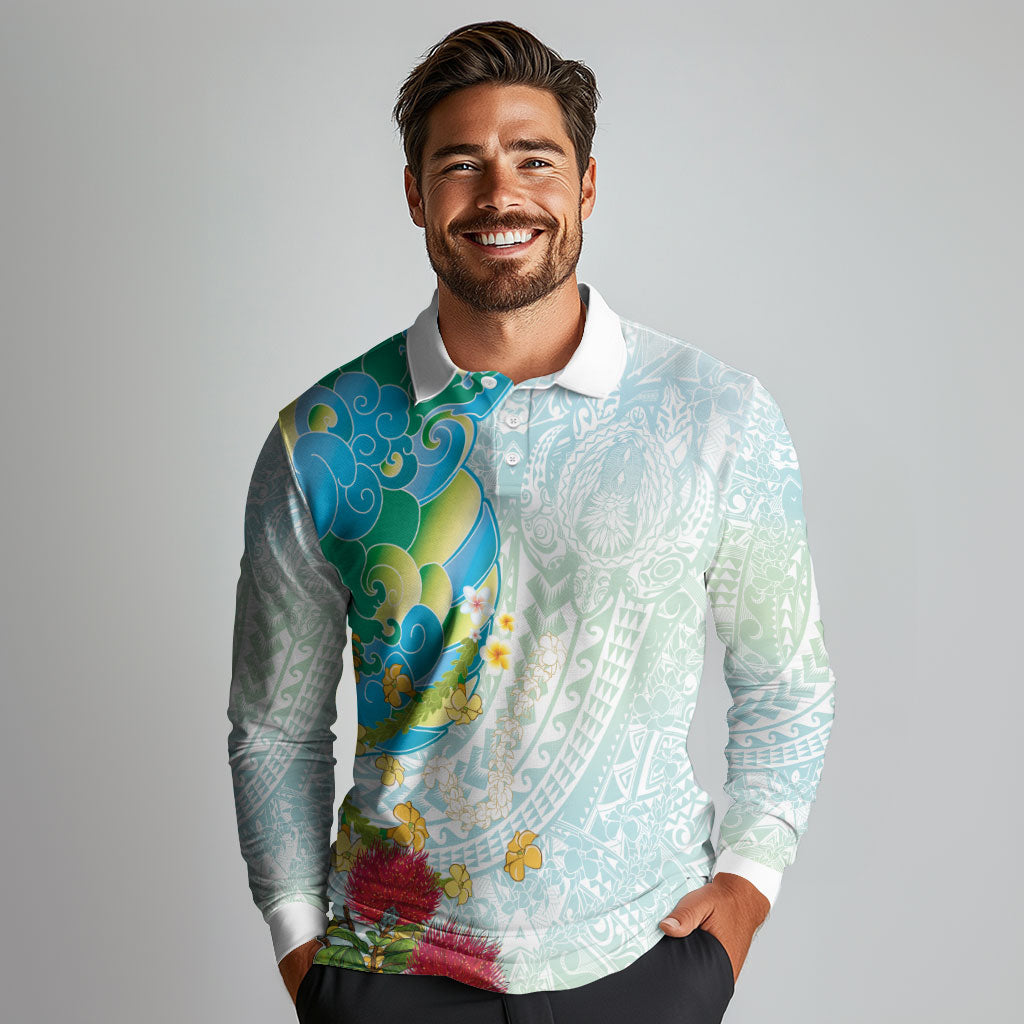 Japanese and Hawaiian Culture Fusion Long Sleeve Polo Shirt Irezumi with Turtles and Lei Kakau Pattern Fresh Vibe LT03 - Polynesian Pride