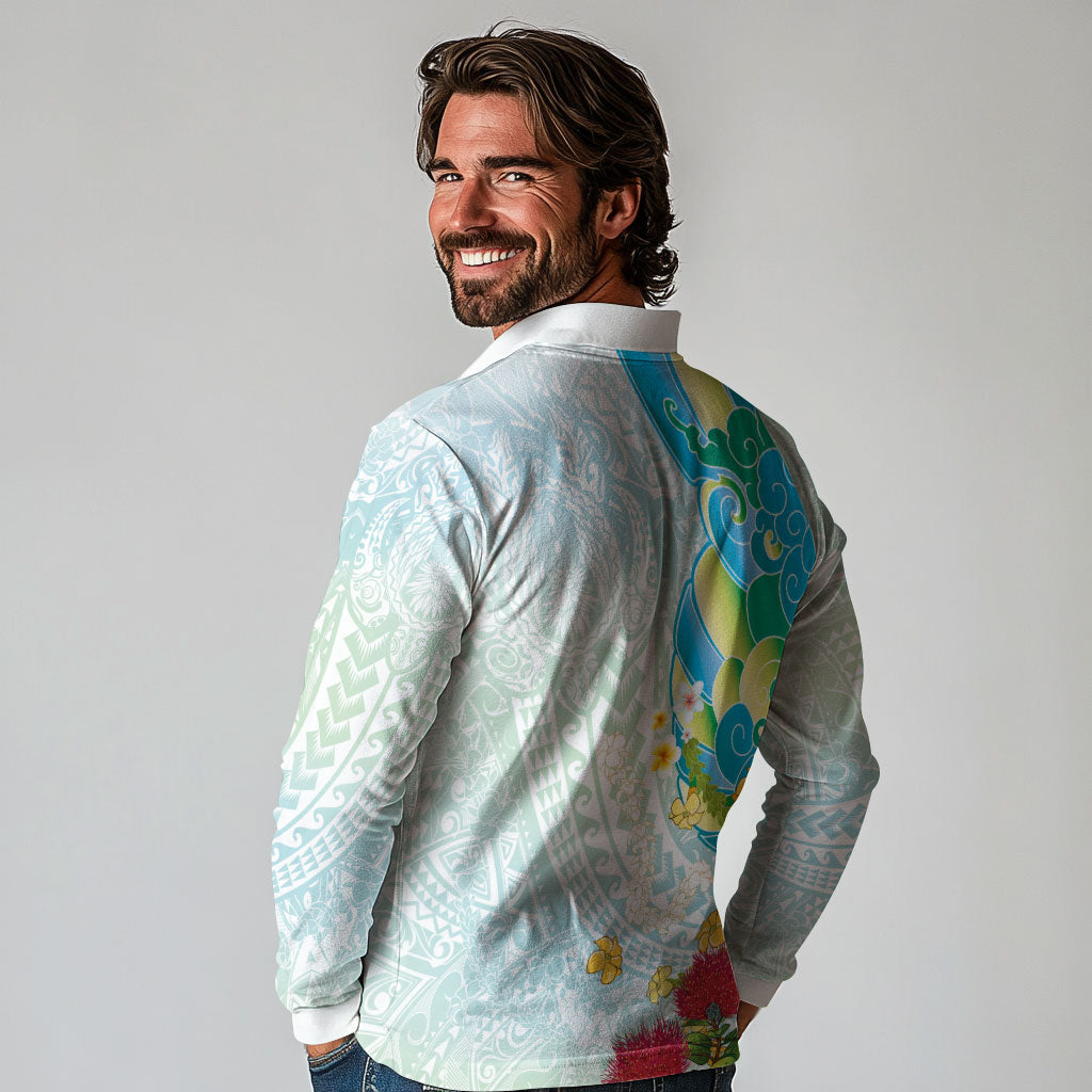 Japanese and Hawaiian Culture Fusion Long Sleeve Polo Shirt Irezumi with Turtles and Lei Kakau Pattern Fresh Vibe LT03 - Polynesian Pride