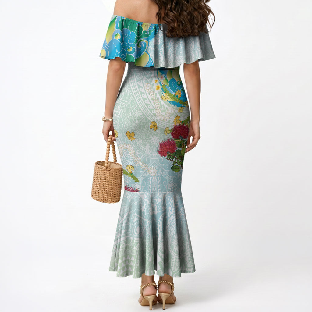 Japanese and Hawaiian Culture Fusion Mermaid Dress Irezumi with Turtles and Lei Kakau Pattern Fresh Vibe LT03 - Polynesian Pride