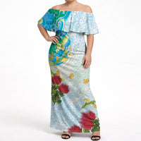 Japanese and Hawaiian Culture Fusion Off Shoulder Maxi Dress Irezumi with Turtles and Lei Kakau Pattern Fresh Vibe LT03 Women Multicolor - Polynesian Pride
