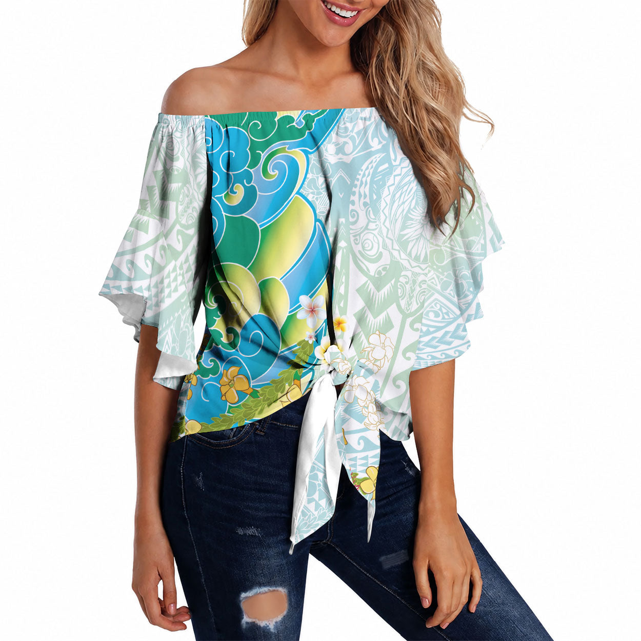 Japanese and Hawaiian Culture Fusion Off Shoulder Wrap Waist Top Irezumi with Turtles and Lei Kakau Pattern Fresh Vibe