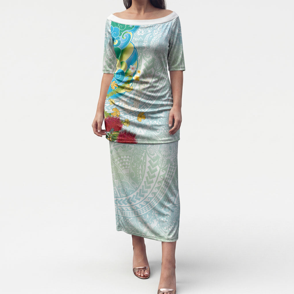 Japanese and Hawaiian Culture Fusion Puletasi Irezumi with Turtles and Lei Kakau Pattern Fresh Vibe LT03 Long Dress Multicolor - Polynesian Pride