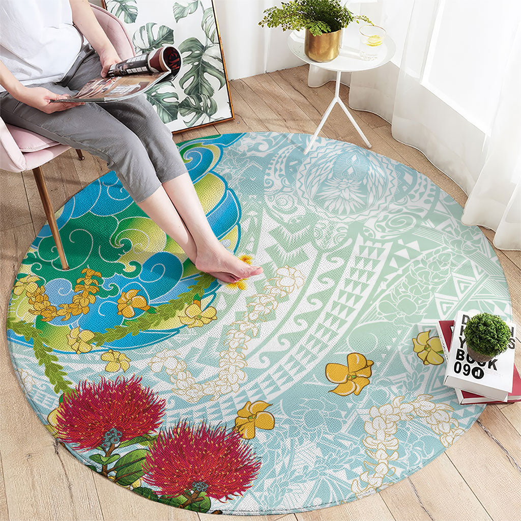 Japanese and Hawaiian Culture Fusion Round Carpet Irezumi with Turtles and Lei Kakau Pattern Fresh Vibe LT03 - Polynesian Pride