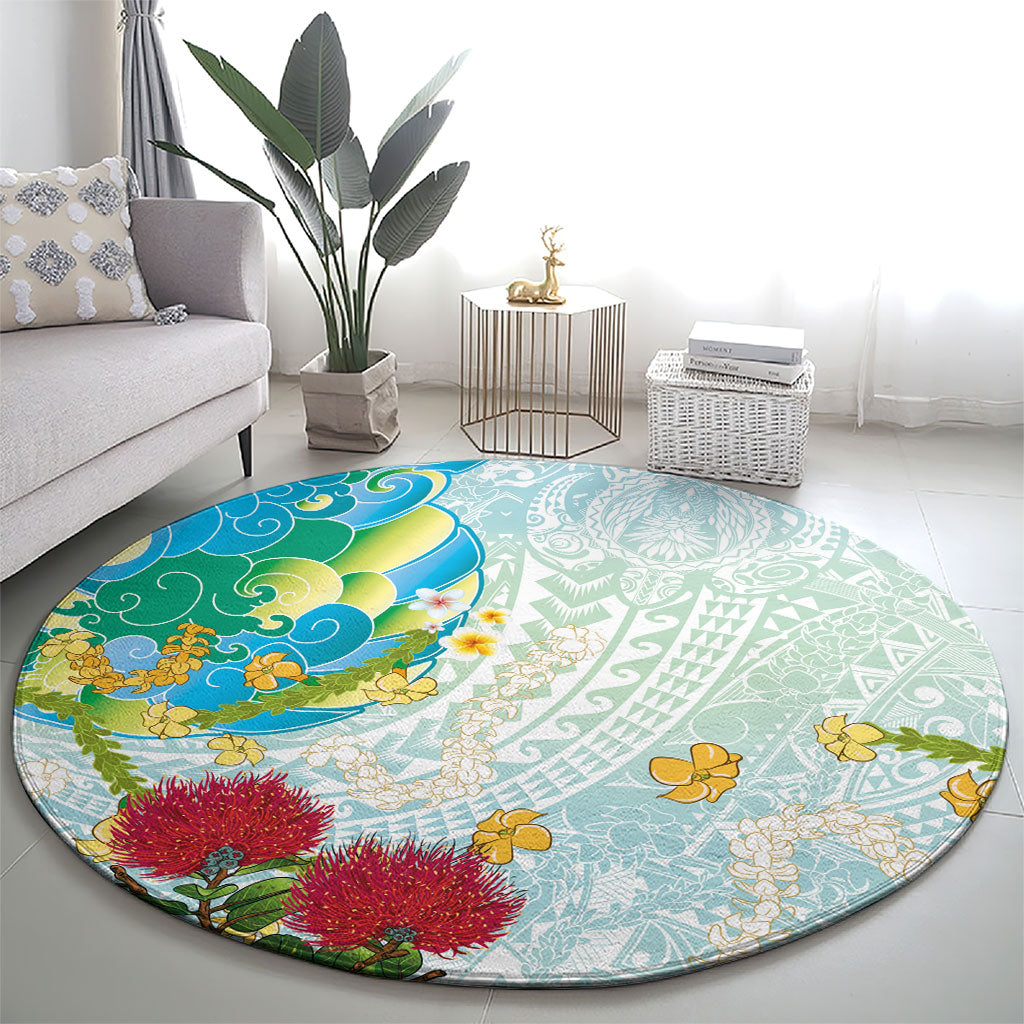 Japanese and Hawaiian Culture Fusion Round Carpet Irezumi with Turtles and Lei Kakau Pattern Fresh Vibe LT03 - Polynesian Pride
