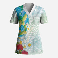 Japanese and Hawaiian Culture Fusion Scrub Top Irezumi with Turtles and Lei Kakau Pattern Fresh Vibe LT03 Adult Multicolor - Polynesian Pride