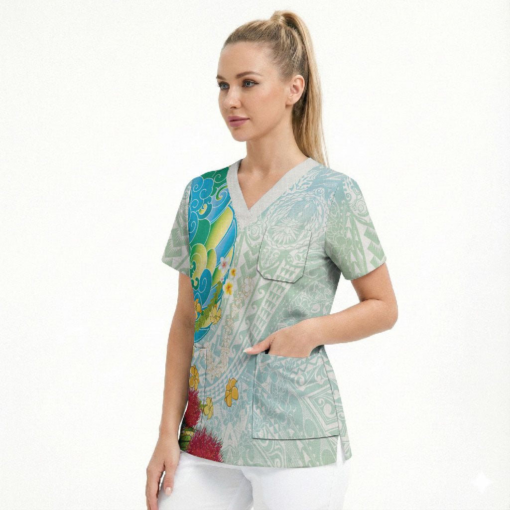 Japanese and Hawaiian Culture Fusion Scrub Top Irezumi with Turtles and Lei Kakau Pattern Fresh Vibe LT03 - Polynesian Pride