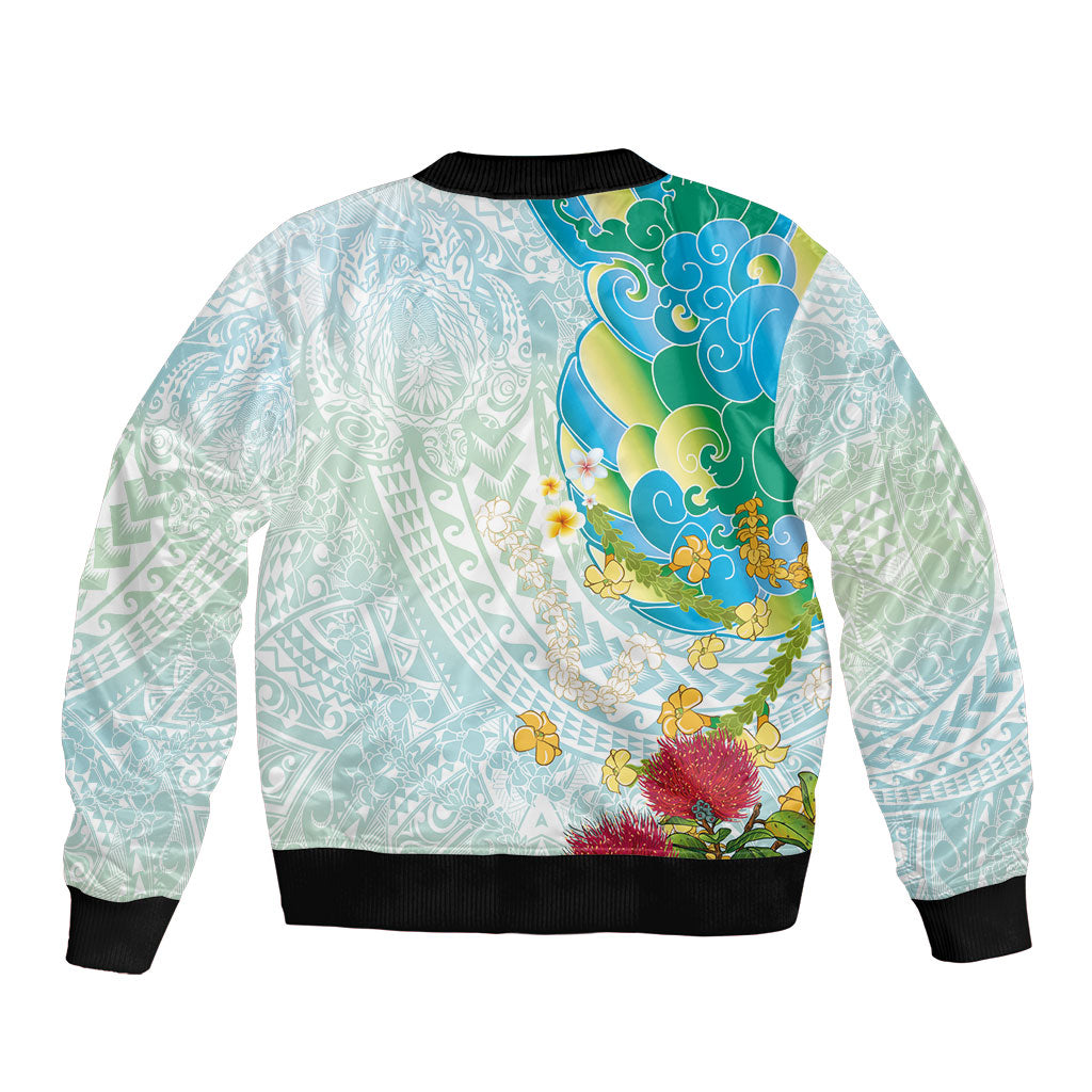 Japanese and Hawaiian Culture Fusion Sleeve Zip Bomber Jacket Irezumi with Turtles and Lei Kakau Pattern Fresh Vibe LT03 - Polynesian Pride