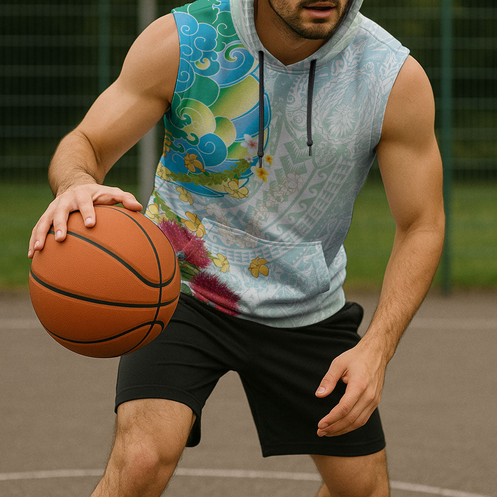 Japanese and Hawaiian Culture Fusion Sleeveless Hoodie Irezumi with Turtles and Lei Kakau Pattern Fresh Vibe LT03 - Polynesian Pride