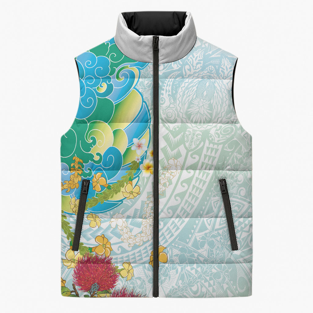 Japanese and Hawaiian Culture Fusion Sleeveless Puffer Jacket Irezumi with Turtles and Lei Kakau Pattern Fresh Vibe LT03 Unisex Multicolor - Polynesian Pride