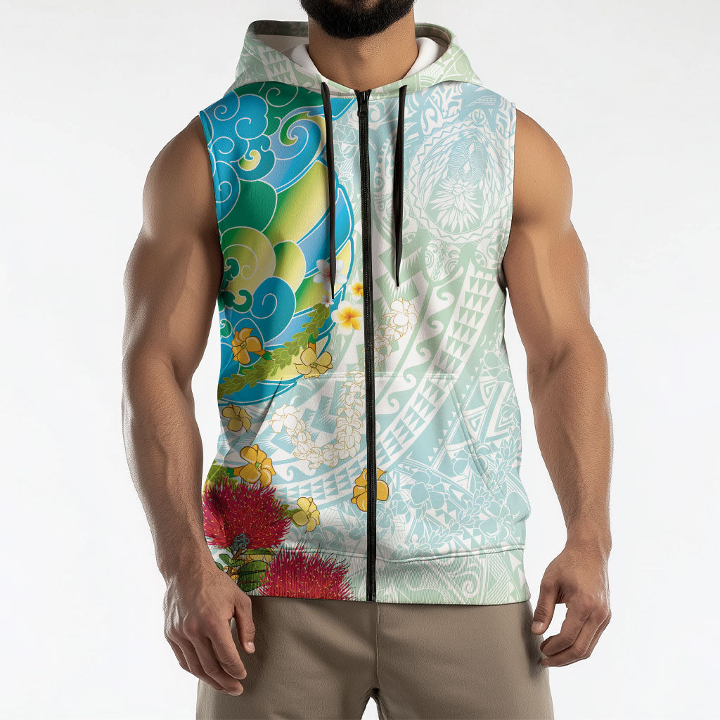 Japanese and Hawaiian Culture Fusion Sleeveless Zip Hoodie Irezumi with Turtles and Lei Kakau Pattern Fresh Vibe LT03 - Polynesian Pride