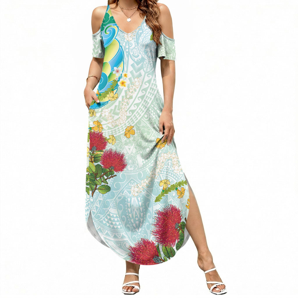 Japanese and Hawaiian Culture Fusion Summer Maxi Dress Irezumi with Turtles and Lei Kakau Pattern Fresh Vibe LT03 Women Multicolor - Polynesian Pride