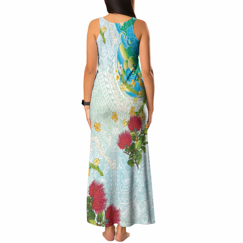 Japanese and Hawaiian Culture Fusion Tank Maxi Dress Irezumi with Turtles and Lei Kakau Pattern Fresh Vibe LT03 - Polynesian Pride