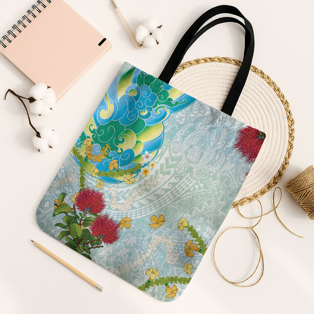 Japanese and Hawaiian Culture Fusion Tote Bag Irezumi with Turtles and Lei Kakau Pattern Fresh Vibe LT03 Black Strap One Size Multicolor - Polynesian Pride