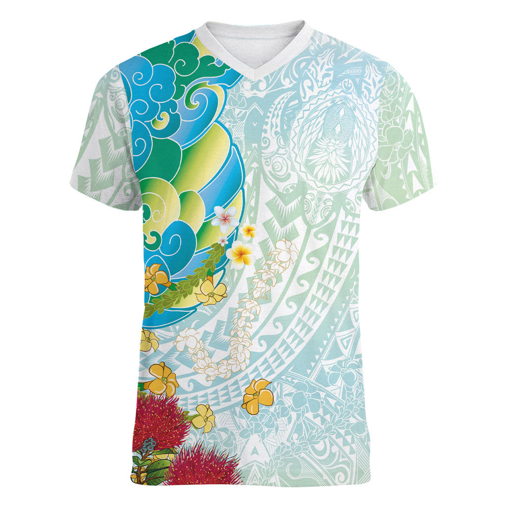 Japanese and Hawaiian Culture Fusion Women V-Neck T-Shirt Irezumi with Turtles and Lei Kakau Pattern Fresh Vibe LT03 Female Multicolor - Polynesian Pride
