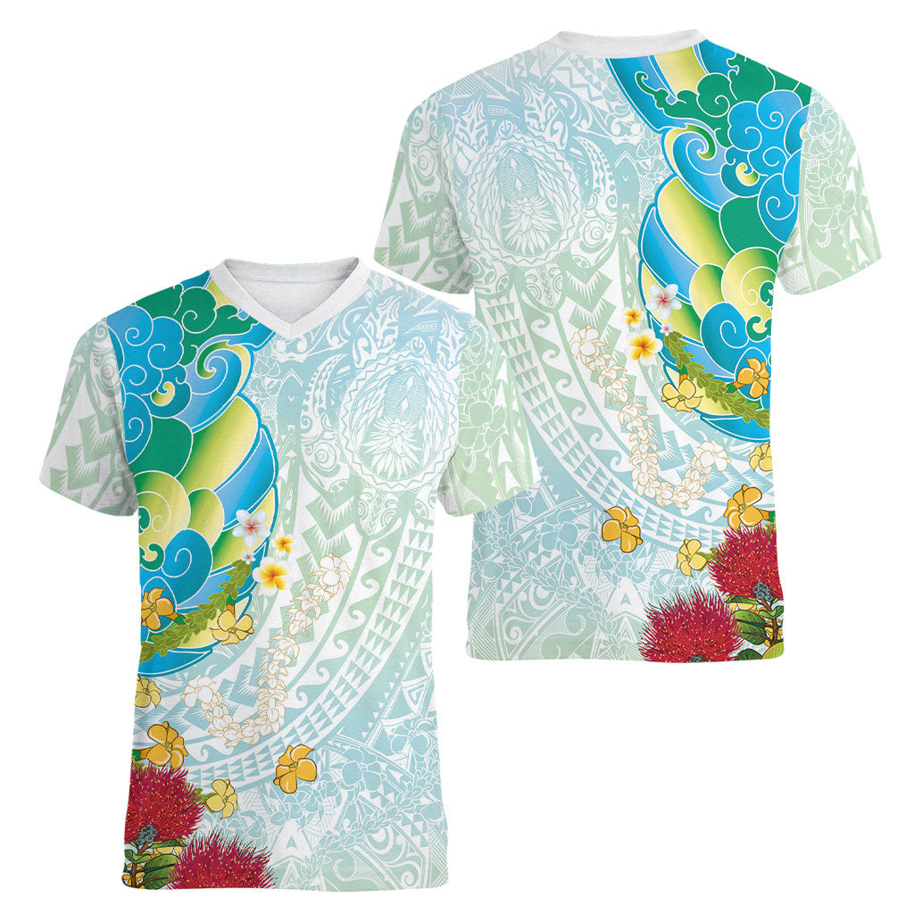 Japanese and Hawaiian Culture Fusion Women V-Neck T-Shirt Irezumi with Turtles and Lei Kakau Pattern Fresh Vibe LT03 - Polynesian Pride