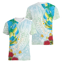 Japanese and Hawaiian Culture Fusion Women V-Neck T-Shirt Irezumi with Turtles and Lei Kakau Pattern Fresh Vibe LT03 - Polynesian Pride