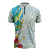 Japanese and Hawaiian Culture Fusion Zipper Polo Shirt Irezumi with Turtles and Lei Kakau Pattern Fresh Vibe LT03 Multicolor - Polynesian Pride