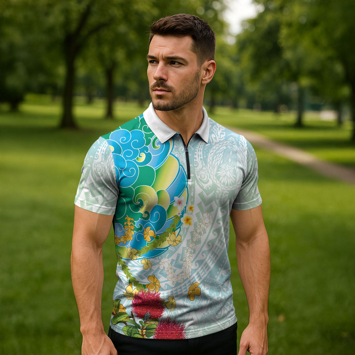Japanese and Hawaiian Culture Fusion Zipper Polo Shirt Irezumi with Turtles and Lei Kakau Pattern Fresh Vibe LT03 - Polynesian Pride