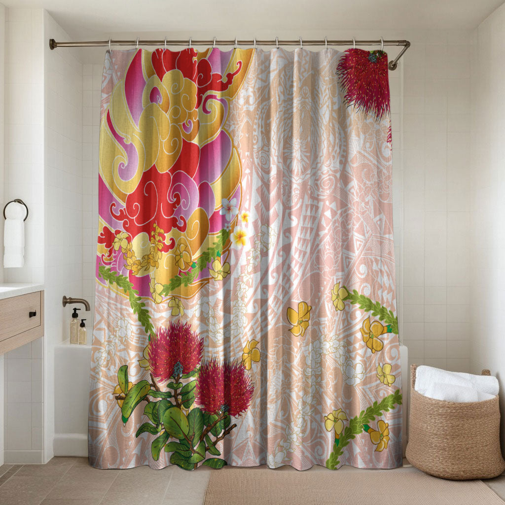 Japanese and Hawaiian Culture Fusion Bathroom Set Irezumi with Turtles and Lei Kakau Pattern Sunset Vibe LT03 Shower Curtain Only Multicolor - Polynesian Pride