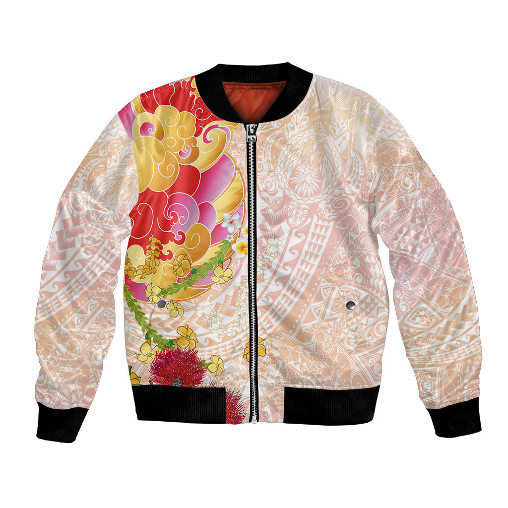 Japanese and Hawaiian Culture Fusion Bomber Jacket Irezumi with Turtles and Lei Kakau Pattern Sunset Vibe