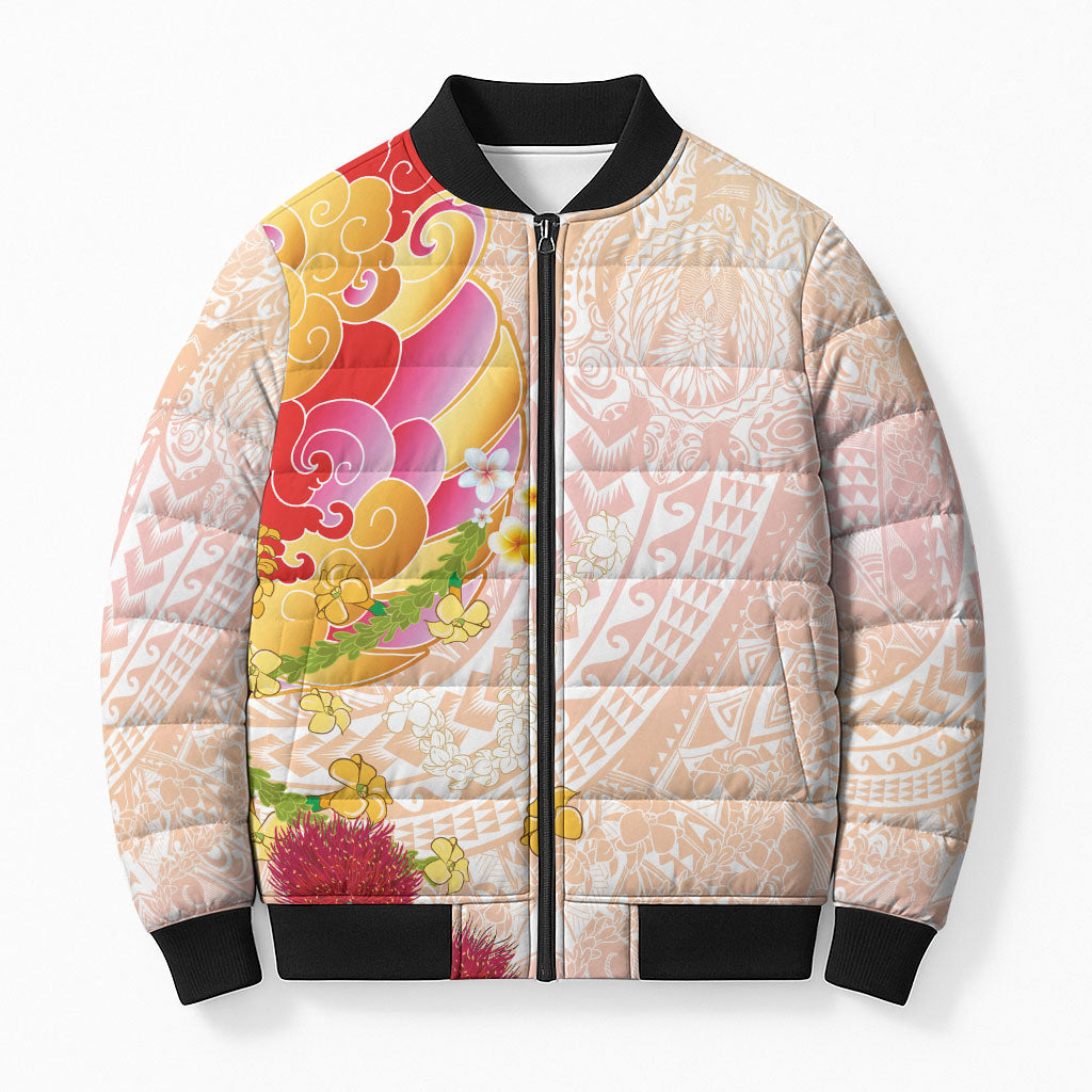 Japanese and Hawaiian Culture Fusion Bomber Puffer Jacket Irezumi with Turtles and Lei Kakau Pattern Sunset Vibe LT03 Unisex Multicolor - Polynesian Pride