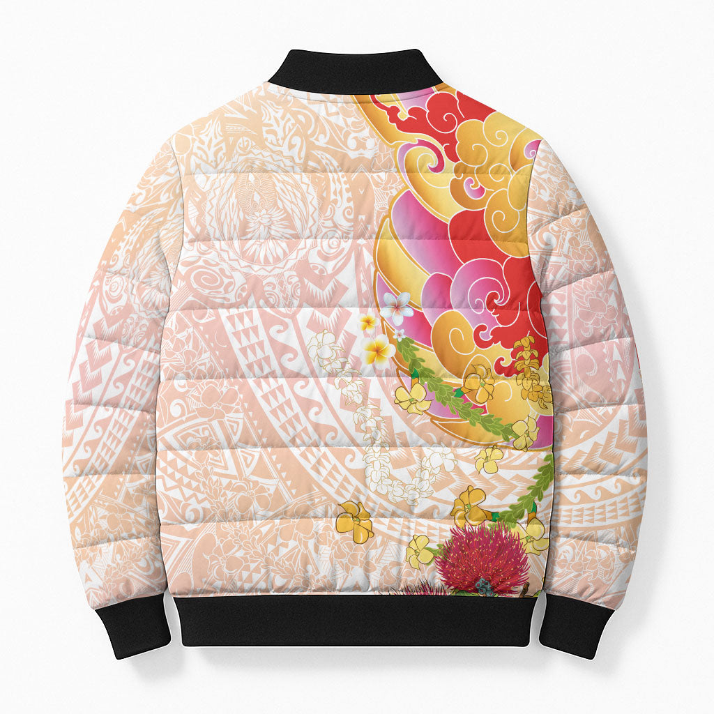 Japanese and Hawaiian Culture Fusion Bomber Puffer Jacket Irezumi with Turtles and Lei Kakau Pattern Sunset Vibe LT03 - Polynesian Pride
